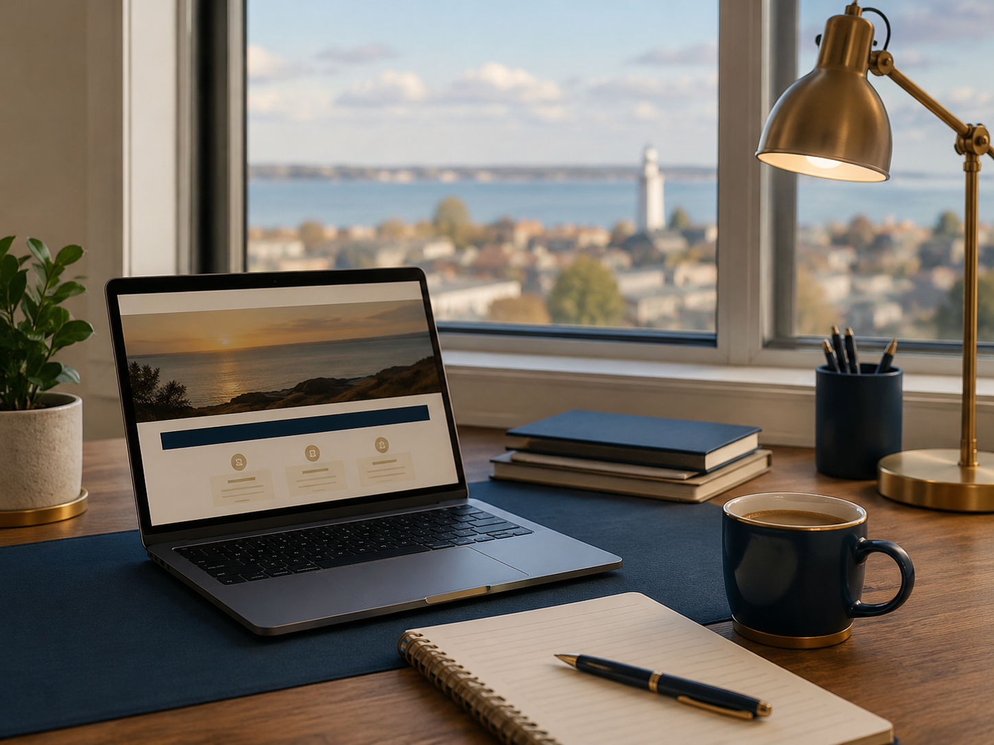 An Erie, Pennsylvania desk overlooking Lake Erie and the Presque Isle lighthouse — where Northpoint Business Works builds and maintains local websites