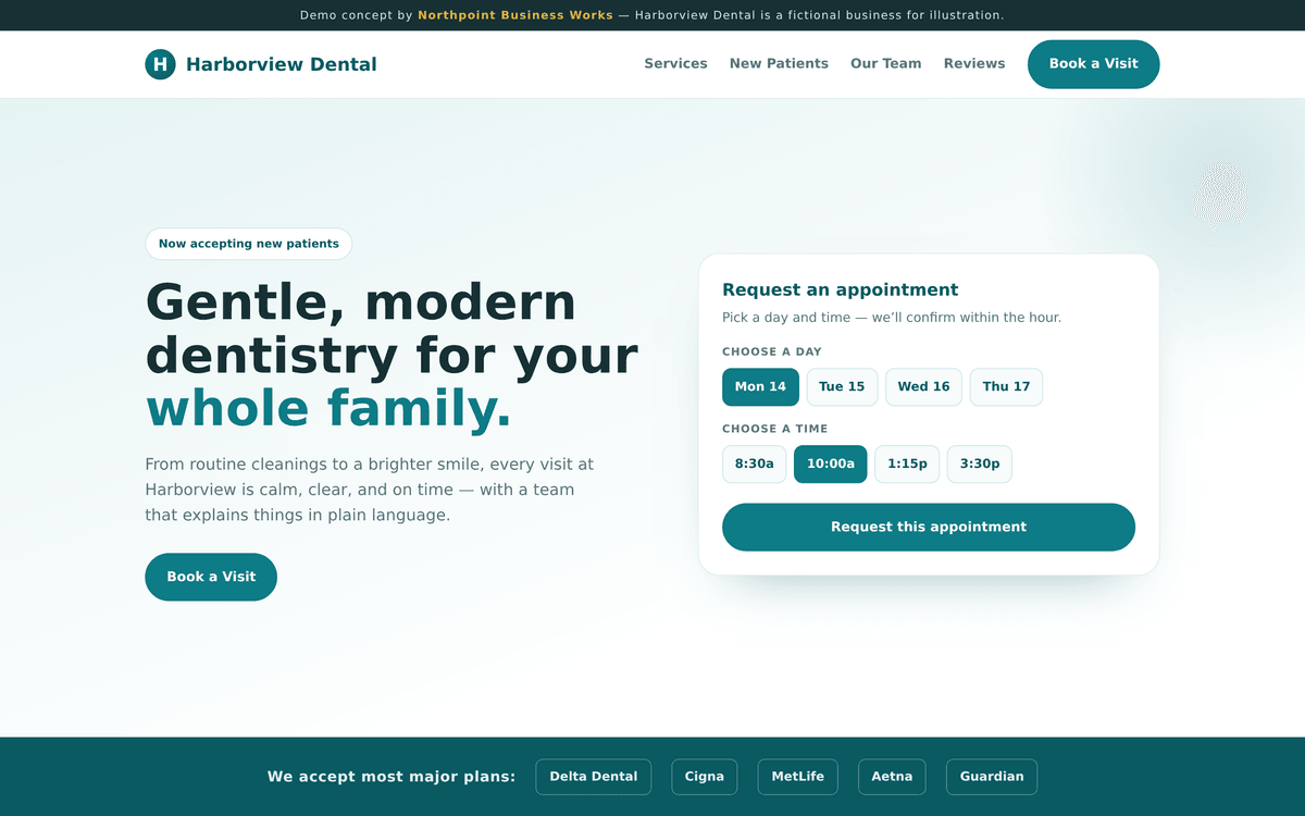 Harborview Dental demo site — booking-focused healthcare design